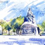 Aquarel·la amb una vista de la plaça de Tetuan de Barcelona.