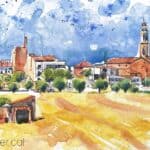 Aquarel·la amb una vista panoràmica de la Bisbal del Penedès.