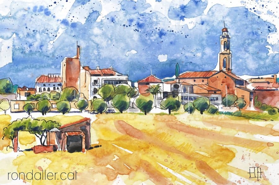 Aquarel·la amb una vista panoràmica de la Bisbal del Penedès.