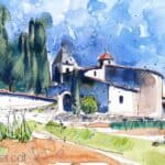 Aquarel·la amb una vista de l'església i el cementiri de Sant Esteve de Llémena.