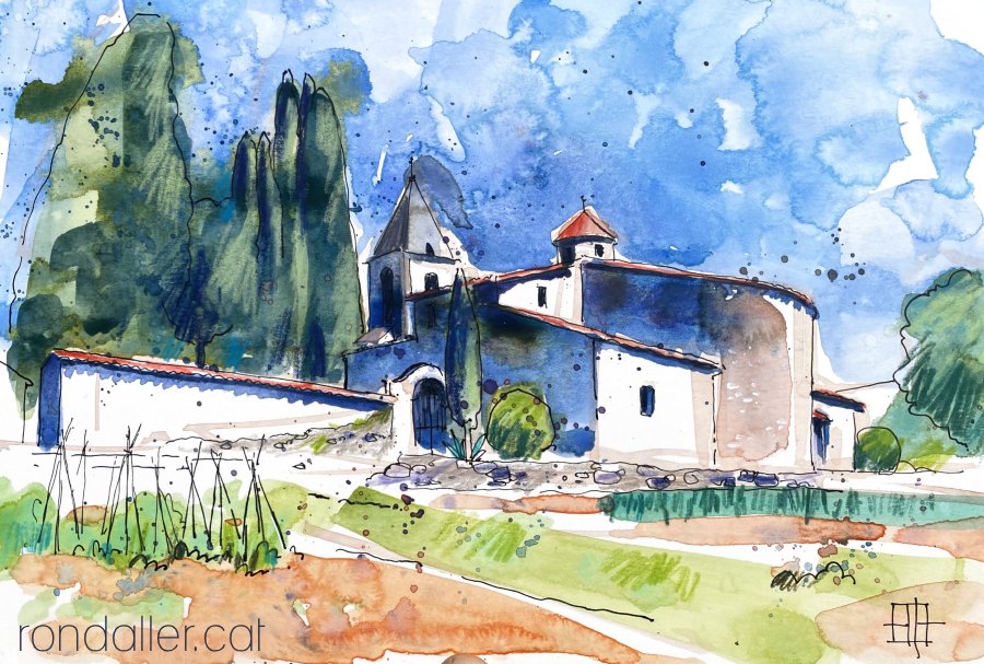 Aquarel·la amb una vista de l'església i el cementiri de Sant Esteve de Llémena.
