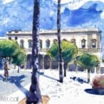 Aquarel·la amb una vista de la plaça de l'Ajuntament.