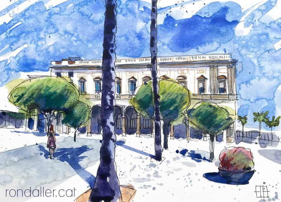 Aquarel·la amb una vista de la plaça de l'Ajuntament.