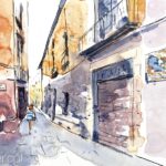 Aquarel·la amb una vista dels carrerons del Barri Gòtic de Barcelona.