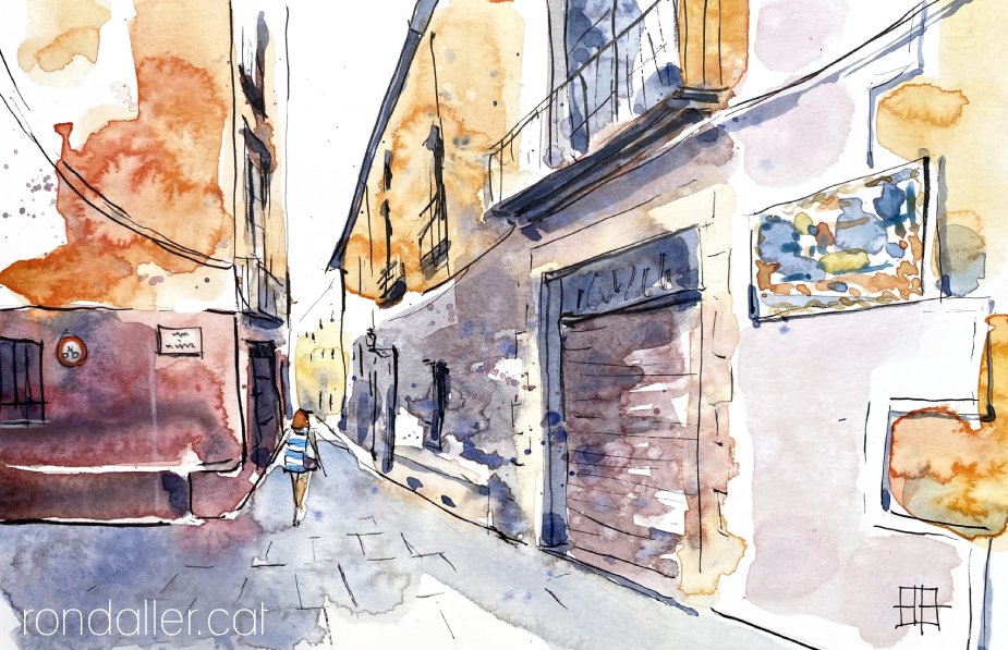 Aquarel·la amb una vista dels carrerons del Barri Gòtic de Barcelona.