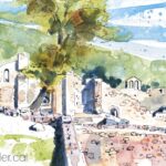 Aquarel·la amb una vista del recinte del monestir en ruïnes.