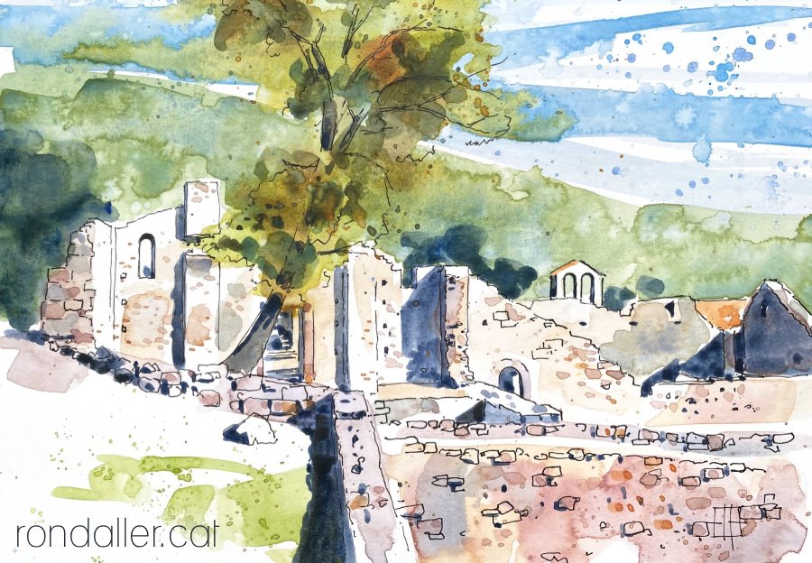 Aquarel·la amb una vista del recinte del monestir en ruïnes.